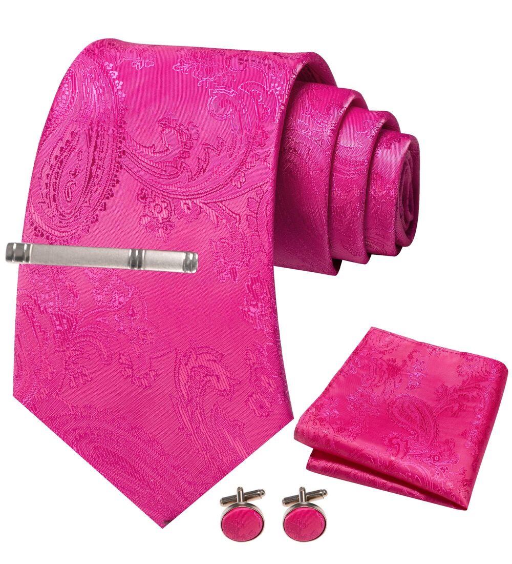 1183 Hot Pink Paisley Tie Necktie and Pocket Square with Clip and Cufflinks